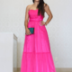 aluguel vestido rosa chock chiclete longo tamanho M 390,00 frente